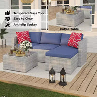 Acekool Salon de jardin en rotin tressé toutes saisons avec canapé d'angle, table basse en verre et coussins moelleux amovibles