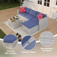 Acekool Salon de jardin en rotin tressé toutes saisons avec canapé d'angle, table basse en verre et coussins moelleux amovibles