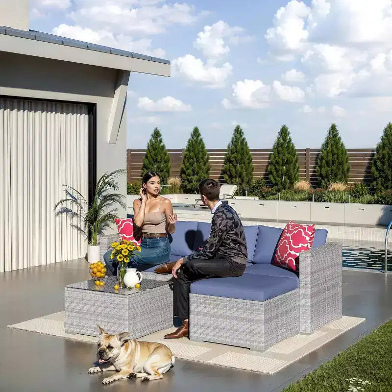 Acekool Salon de jardin en rotin tressé toutes saisons avec canapé d'angle, table basse en verre et coussins moelleux amovibles
