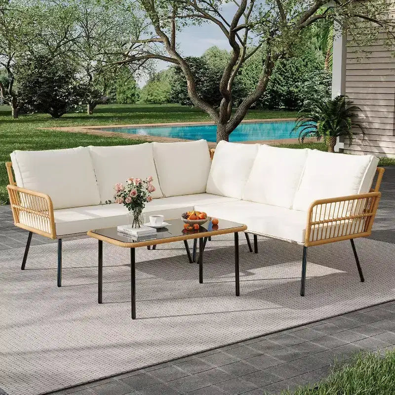 Acekool Salon de jardin en rotin tressé toutes saisons avec canapé d'angle, table basse en verre et coussins moelleux amovibles