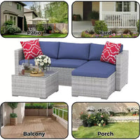 Acekool Salon de jardin en rotin tressé toutes saisons avec canapé d'angle, table basse en verre et coussins moelleux amovibles