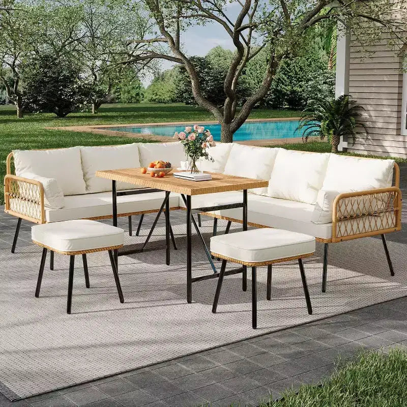 Acekool Salon de jardin en rotin tressé toutes saisons avec canapé d'angle, table basse en verre et coussins moelleux amovibles