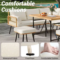 Acekool Salon de jardin en rotin tressé toutes saisons avec canapé d'angle, table basse en verre et coussins moelleux amovibles