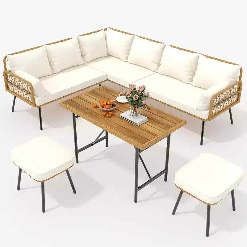 Acekool Salon de jardin en rotin tressé toutes saisons avec canapé d'angle, table basse en verre et coussins moelleux amovibles