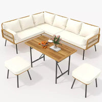 Acekool Salon de jardin en rotin tressé toutes saisons avec canapé d'angle, table basse en verre et coussins moelleux amovibles