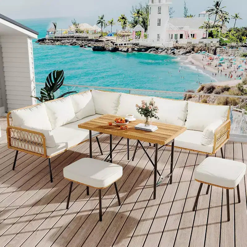 Acekool Salon de jardin en rotin tressé toutes saisons avec canapé d'angle, table basse en verre et coussins moelleux amovibles