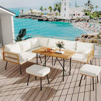 Acekool Salon de jardin en rotin tressé toutes saisons avec canapé d'angle, table basse en verre et coussins moelleux amovibles