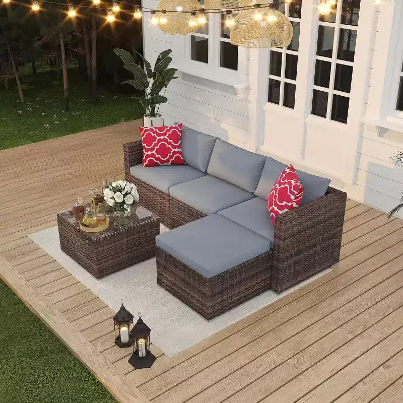 Acekool Salon de jardin en rotin tressé toutes saisons avec canapé d'angle, table basse en verre et coussins moelleux amovibles