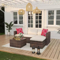 Acekool Salon de jardin en rotin tressé toutes saisons avec canapé d'angle, table basse en verre et coussins moelleux amovibles