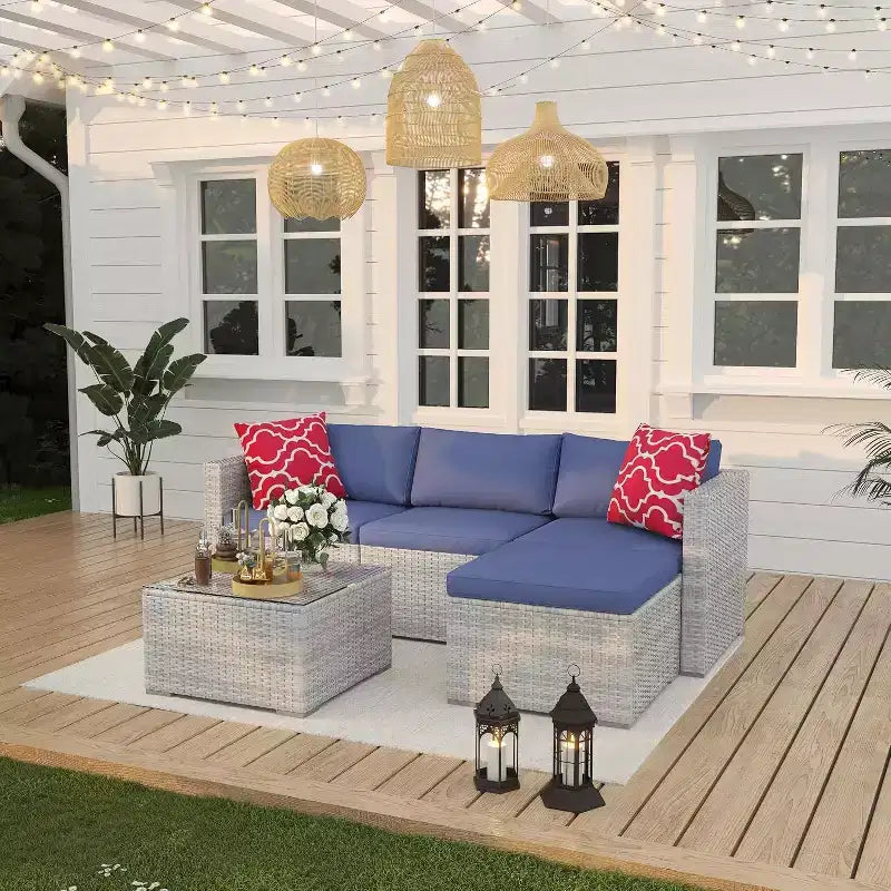 Acekool Salon de jardin en rotin tressé toutes saisons avec canapé d'angle, table basse en verre et coussins moelleux amovibles