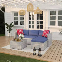 Acekool Salon de jardin en rotin tressé toutes saisons avec canapé d'angle, table basse en verre et coussins moelleux amovibles