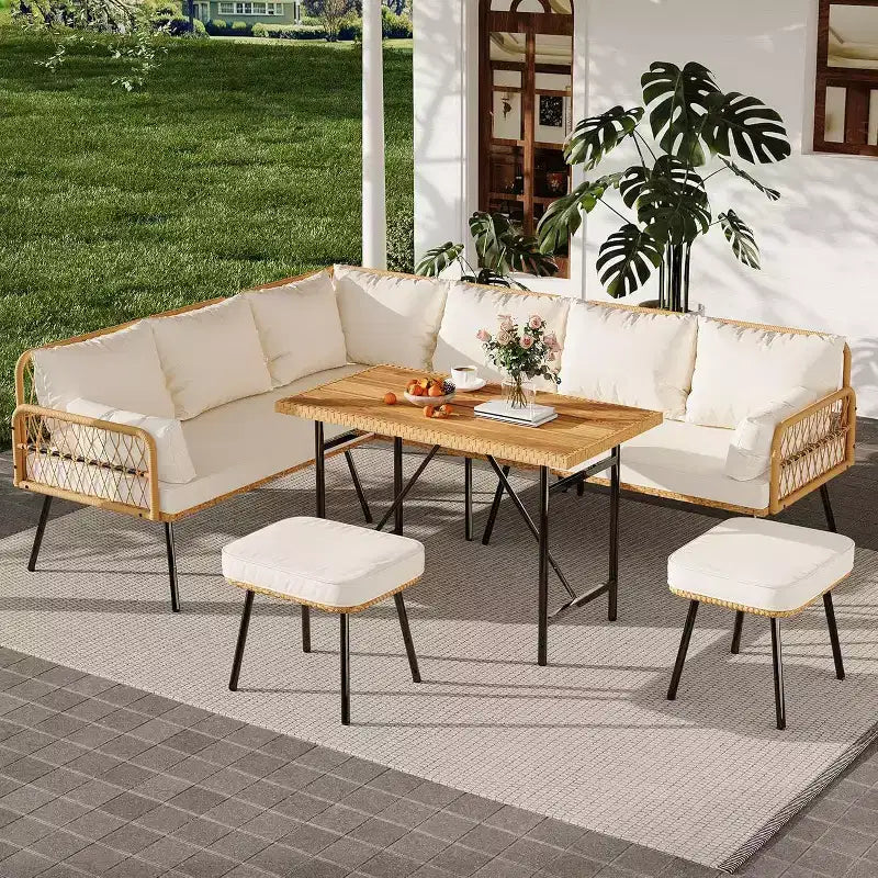 Acekool Salon de jardin en rotin tressé toutes saisons avec canapé d'angle, table basse en verre et coussins moelleux amovibles