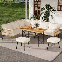 Acekool Salon de jardin en rotin tressé toutes saisons avec canapé d'angle, table basse en verre et coussins moelleux amovibles