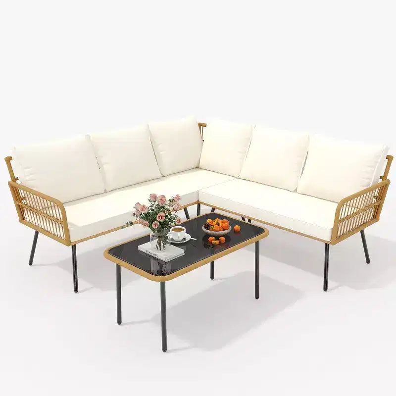 Acekool Salon de jardin en rotin tressé toutes saisons avec canapé d'angle, table basse en verre et coussins moelleux amovibles