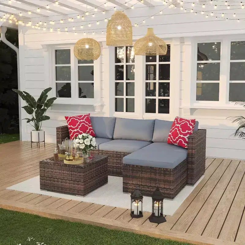 Acekool Salon de jardin en rotin tressé toutes saisons avec canapé d'angle, table basse en verre et coussins moelleux amovibles