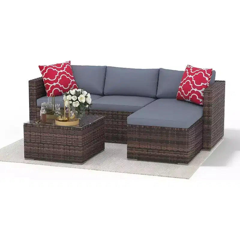 Acekool Salon de jardin en rotin tressé toutes saisons avec canapé d'angle, table basse en verre et coussins moelleux amovibles