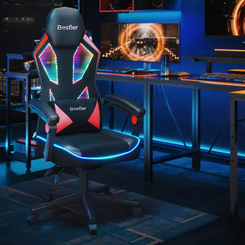 Chaise de jeu Bestier en tissu respirant avec éclairage LED RVB et accoudoirs réglables