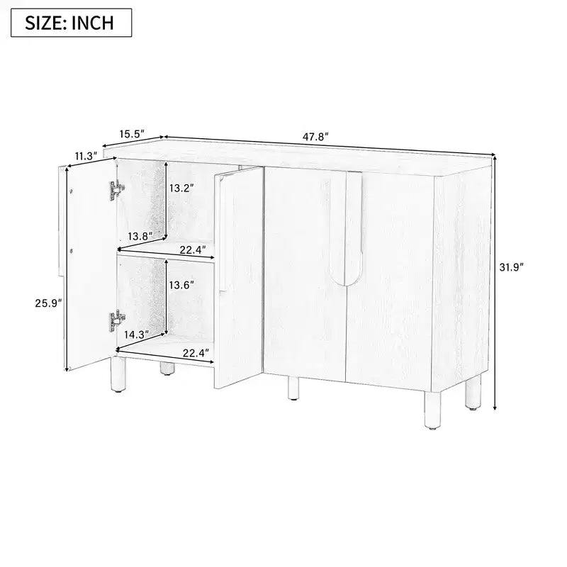 Buffet 4 portes avec rangement, desserte en bois avec poignées et étagères réglables