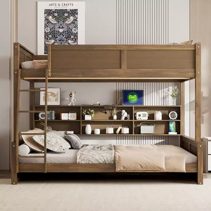 Lit superposé Twin XL/Full XL sur Queen avec armoires de rangement et ports USB, construction robuste en bois de pin - ModernLuxe
