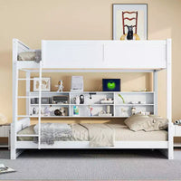 Lit superposé Twin XL/Full XL sur Queen avec armoires de rangement et ports USB, construction robuste en bois de pin - ModernLuxe