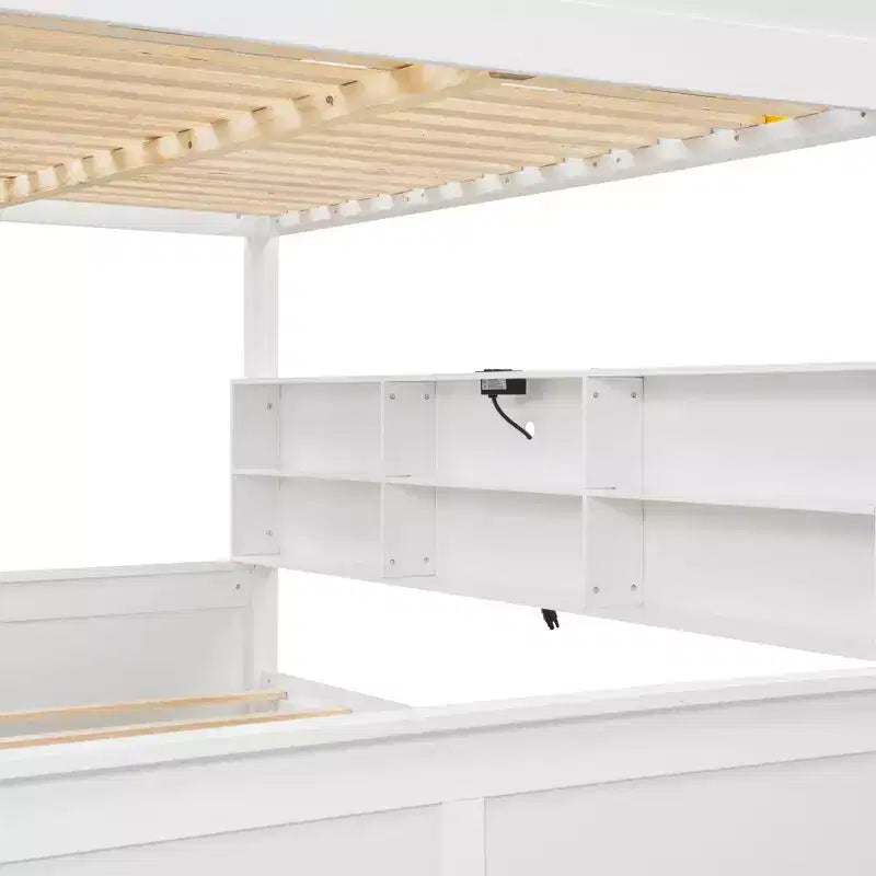 Lit superposé Twin XL/Full XL sur Queen avec armoires de rangement et ports USB, construction robuste en bois de pin - ModernLuxe