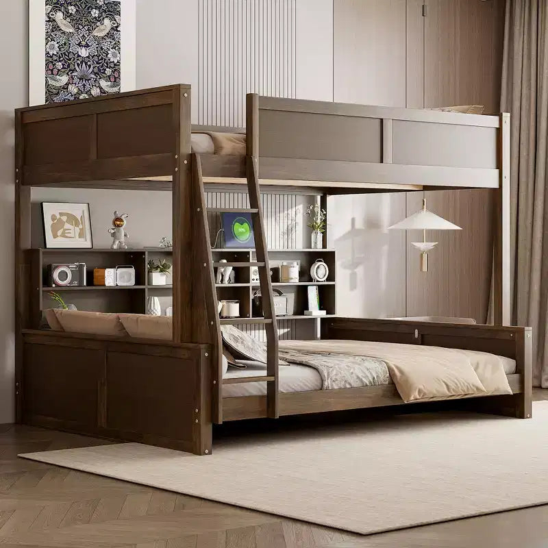 Lit superposé Twin XL/Full XL sur Queen avec armoires de rangement et ports USB, construction robuste en bois de pin - ModernLuxe
