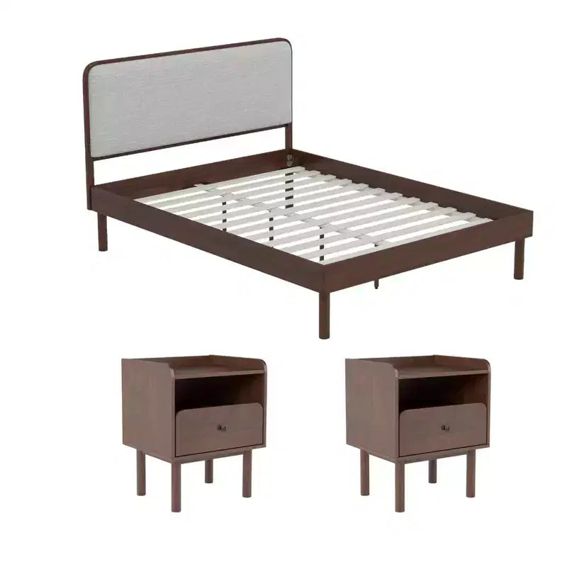 Roundhill Furniture Wyller Ensemble de chambre 3 pièces, lit plateforme avec deux tables de chevet, noyer naturel, Queen