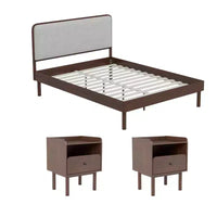 Roundhill Furniture Wyller Ensemble de chambre 3 pièces, lit plateforme avec deux tables de chevet, noyer naturel, Queen