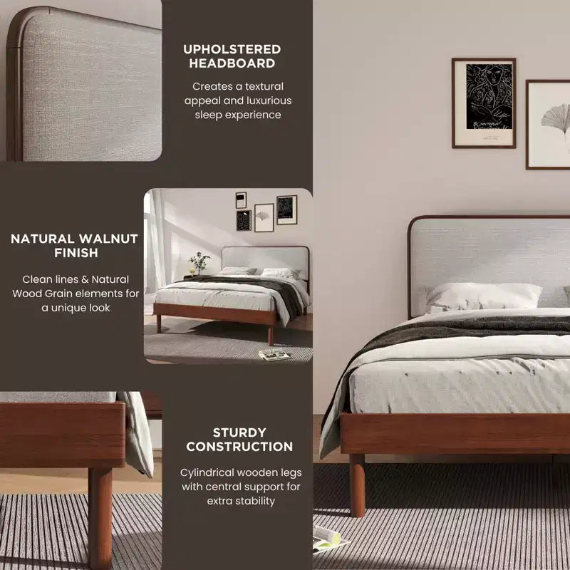 Roundhill Furniture Wyller Ensemble de chambre 3 pièces, lit plateforme avec deux tables de chevet, noyer naturel, Queen