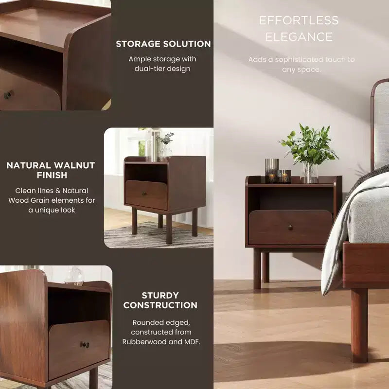 Roundhill Furniture Wyller Ensemble de chambre 3 pièces, lit plateforme avec deux tables de chevet, noyer naturel, Queen