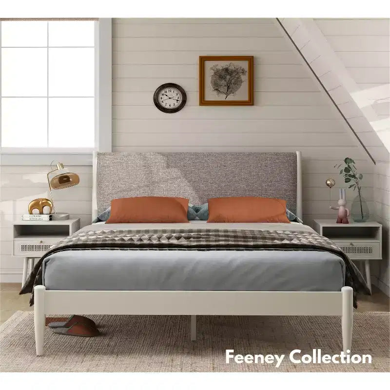 Roundhill Furniture Feeney ensemble de chambre 2 pièces, lit plateforme avec table de chevet, blanc crème, Queen