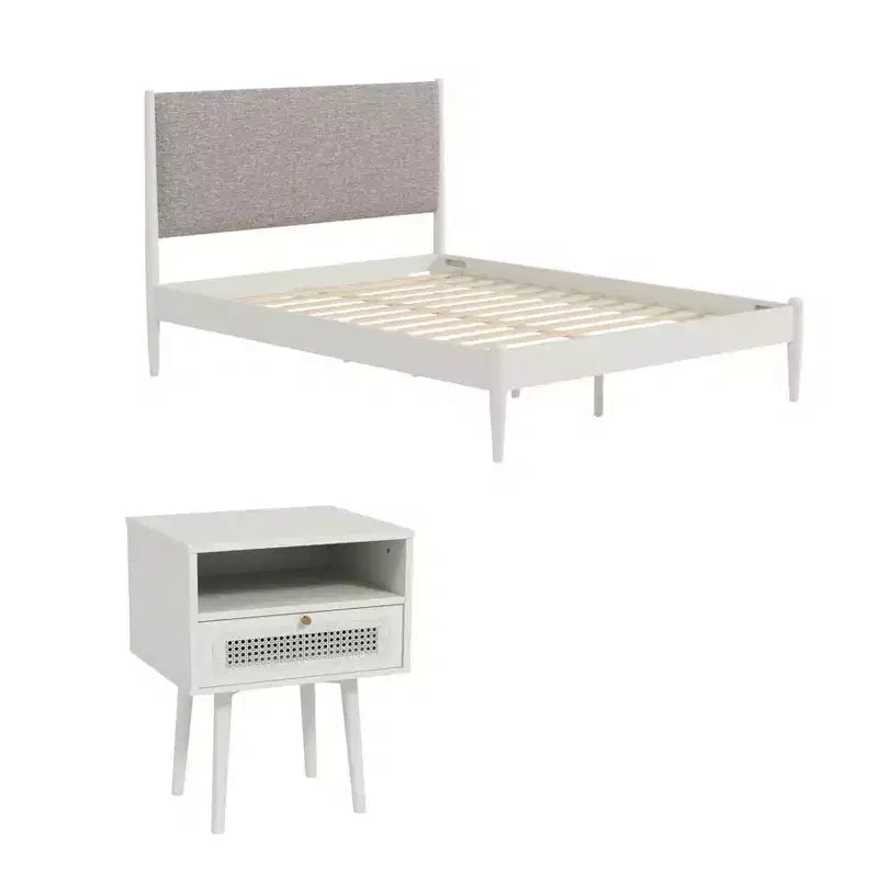 Roundhill Furniture Feeney ensemble de chambre 2 pièces, lit plateforme avec table de chevet, blanc crème, Queen
