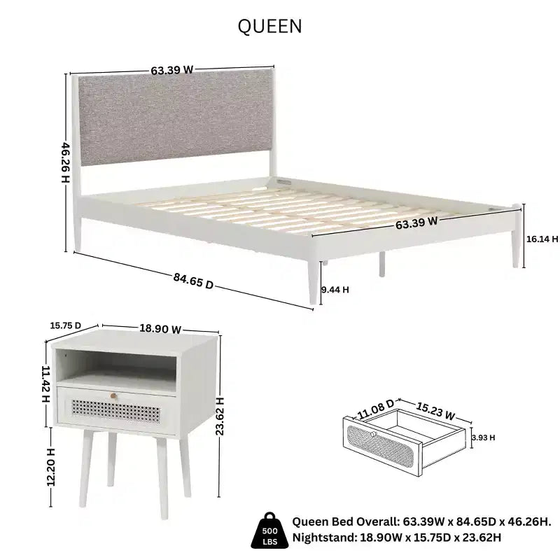 Roundhill Furniture Feeney ensemble de chambre 2 pièces, lit plateforme avec table de chevet, blanc crème, Queen