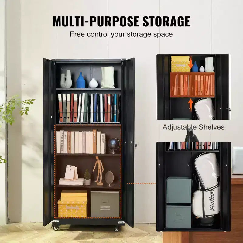 VEVOR armoire de rangement métallique sur roulettes, armoire verrouillable 75 po avec 4 étagères réglables et 2 portes magnétiques, capacité 200 lbs par étagère, noir