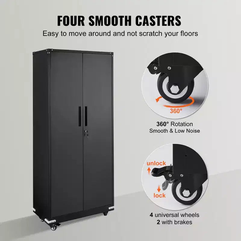 VEVOR armoire de rangement métallique sur roulettes, armoire verrouillable 75 po avec 4 étagères réglables et 2 portes magnétiques, capacité 200 lbs par étagère, noir