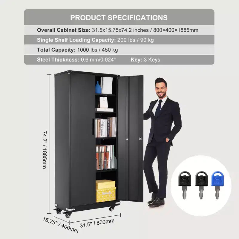 VEVOR armoire de rangement métallique sur roulettes, armoire verrouillable 75 po avec 4 étagères réglables et 2 portes magnétiques, capacité 200 lbs par étagère, noir