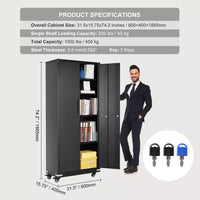 VEVOR armoire de rangement métallique sur roulettes, armoire verrouillable 75 po avec 4 étagères réglables et 2 portes magnétiques, capacité 200 lbs par étagère, noir