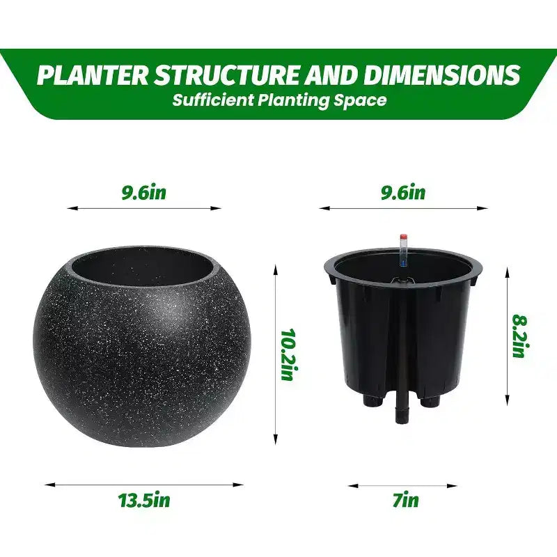 Pots de plantes d'interieur ronds à arrosage automatique 10,2 H x 13,5 dia (ouverture 10) avec drainage et indicateur de niveau d'eau, design à pois blancs