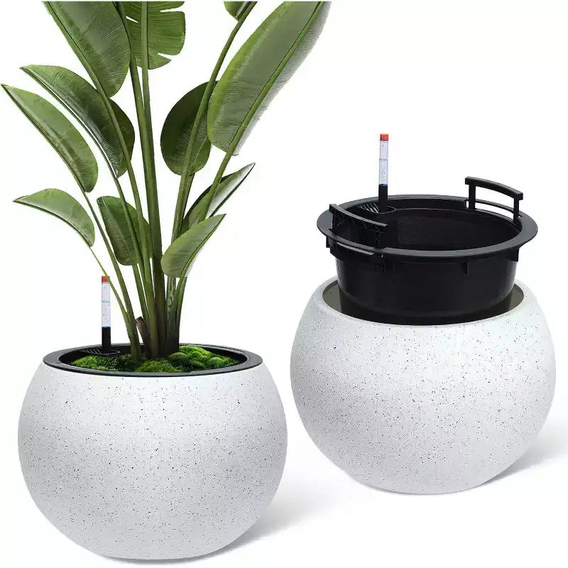 Pots de plantes d'interieur ronds à arrosage automatique 10,2 H x 13,5 dia (ouverture 10) avec drainage et indicateur de niveau d'eau, design à pois blancs