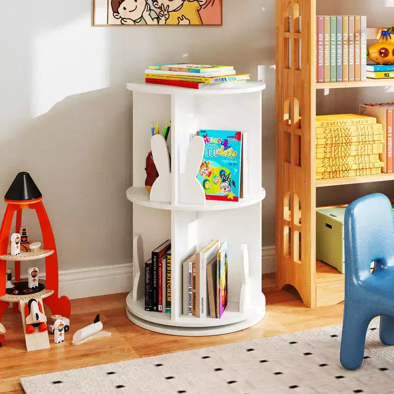 Costway bibliothèque rotative pour enfants 2 niveaux autoportante 360 rack de rangement présentoir pivotant blanc/rose