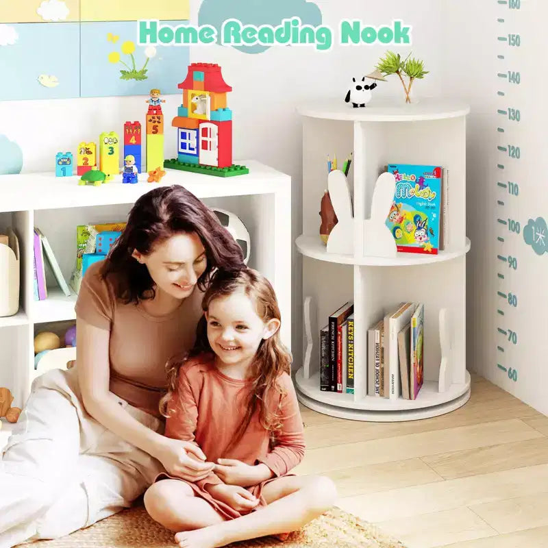 Costway bibliothèque rotative pour enfants 2 niveaux autoportante 360 rack de rangement présentoir pivotant blanc/rose