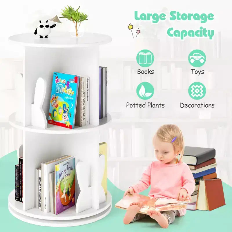 Costway bibliothèque rotative pour enfants 2 niveaux autoportante 360 rack de rangement présentoir pivotant blanc/rose