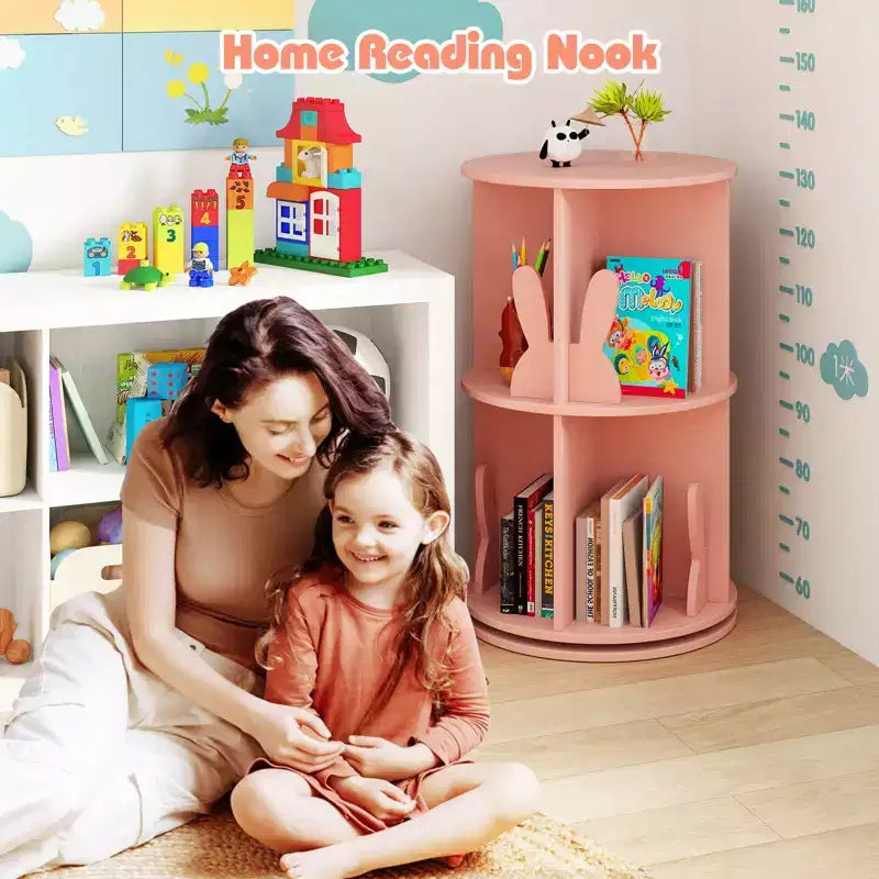 Costway bibliothèque rotative pour enfants 2 niveaux autoportante 360 rack de rangement présentoir pivotant blanc/rose
