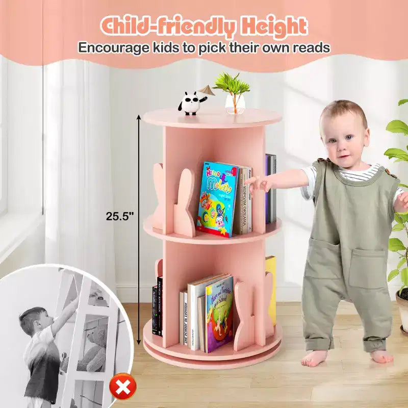 Costway bibliothèque rotative pour enfants 2 niveaux autoportante 360 rack de rangement présentoir pivotant blanc/rose