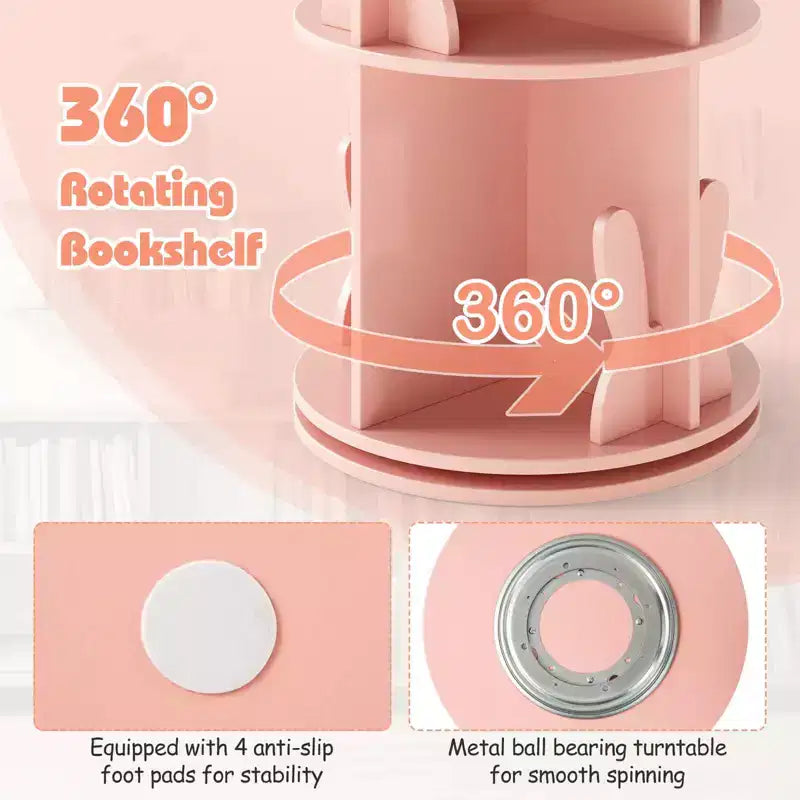 Costway bibliothèque rotative pour enfants 2 niveaux autoportante 360 rack de rangement présentoir pivotant blanc/rose
