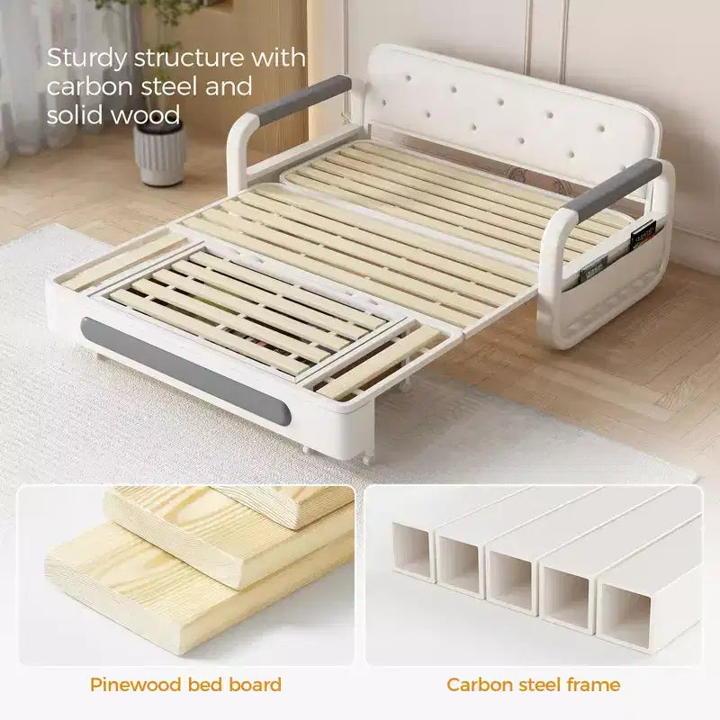 Luck Live Canapés de patio modernes de 158 cm, canapé-lit extérieur extensible, cadre en bois massif et métal blanc/coussin gris avec fonction de rangement