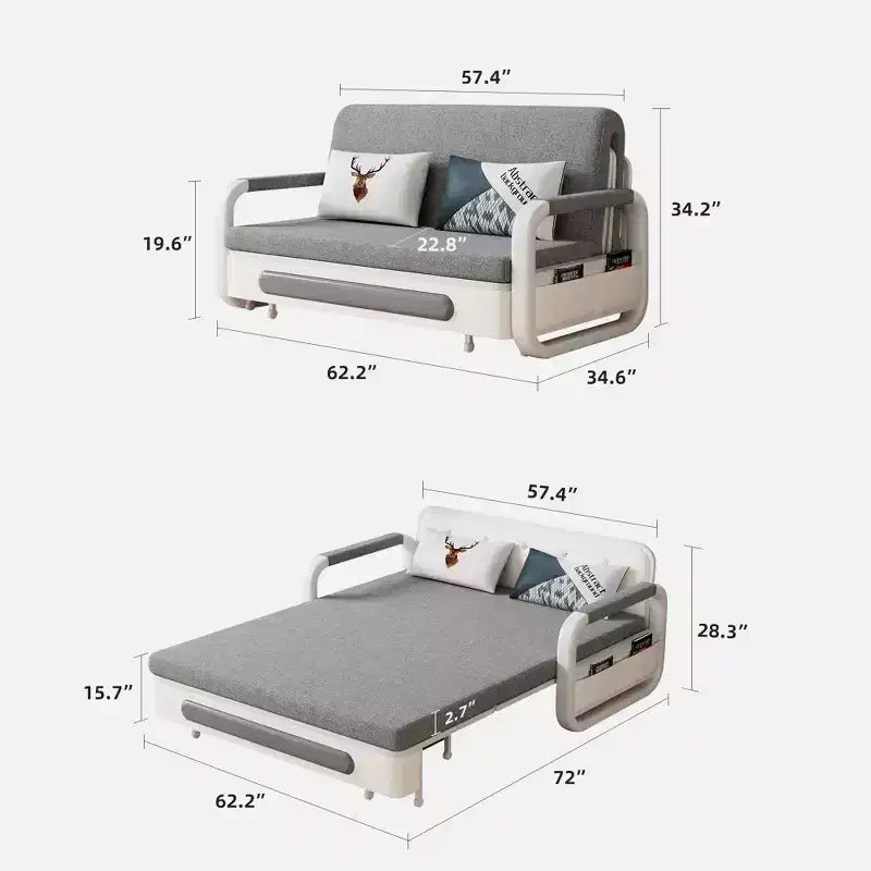Luck Live Canapés de patio modernes de 158 cm, canapé-lit extérieur extensible, cadre en bois massif et métal blanc/coussin gris avec fonction de rangement