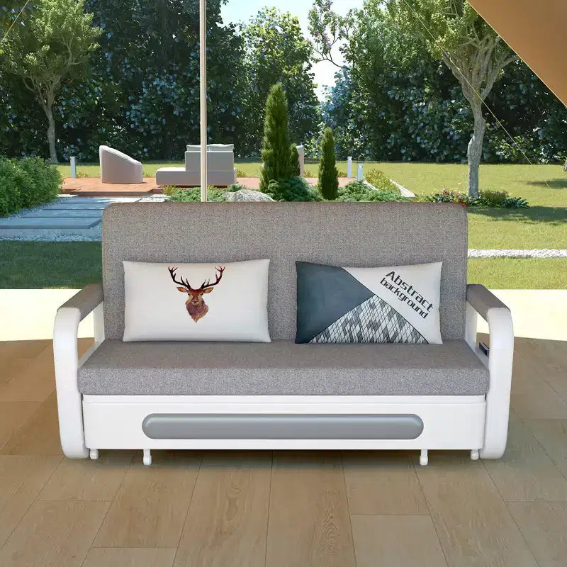 Luck Live Canapés de patio modernes de 158 cm, canapé-lit extérieur extensible, cadre en bois massif et métal blanc/coussin gris avec fonction de rangement