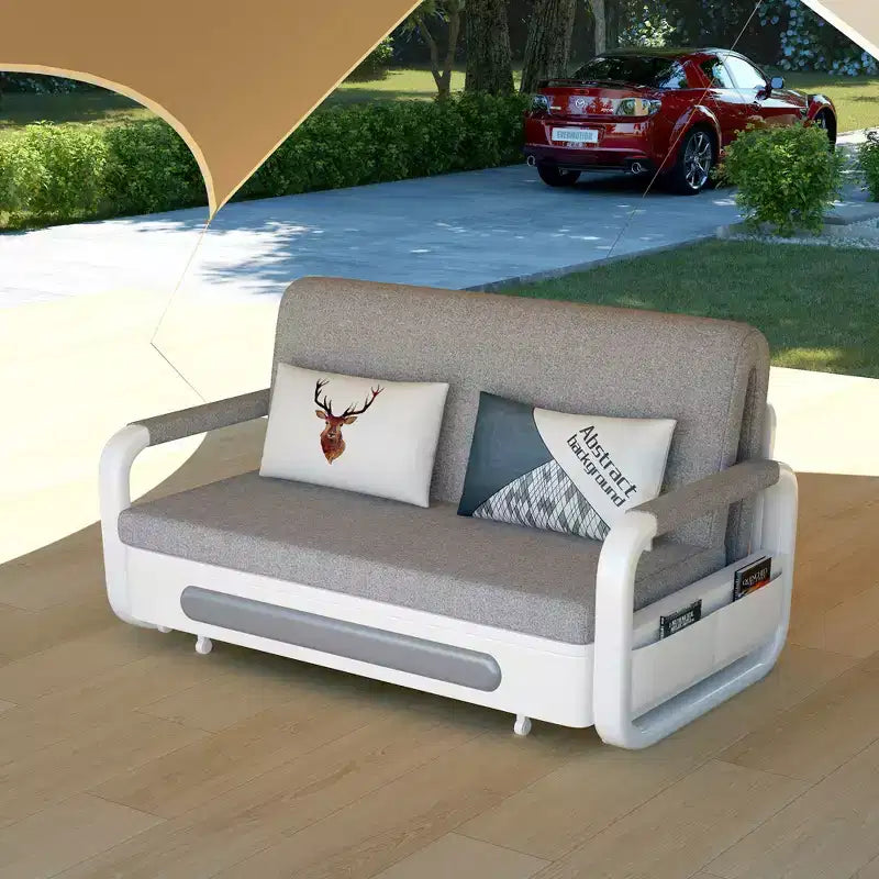 Luck Live Canapés de patio modernes de 158 cm, canapé-lit extérieur extensible, cadre en bois massif et métal blanc/coussin gris avec fonction de rangement