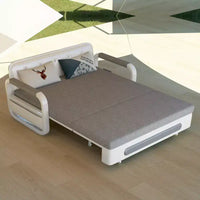 Luck Live Canapés de patio modernes de 158 cm, canapé-lit extérieur extensible, cadre en bois massif et métal blanc/coussin gris avec fonction de rangement
